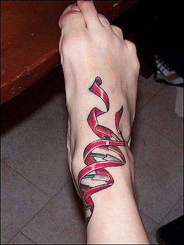 Foot tattoos are hard. Here's a cute rendition of unwinding DNA that flows nicely with the anatomy.
